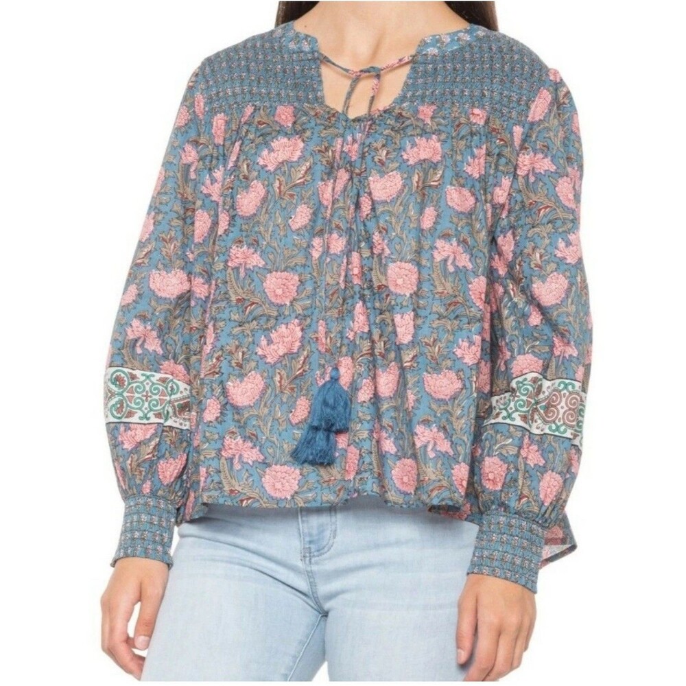 Rachel Zoe Women's Cotton Split Neck Peasant Blouse Floral Medium Boho Cottage